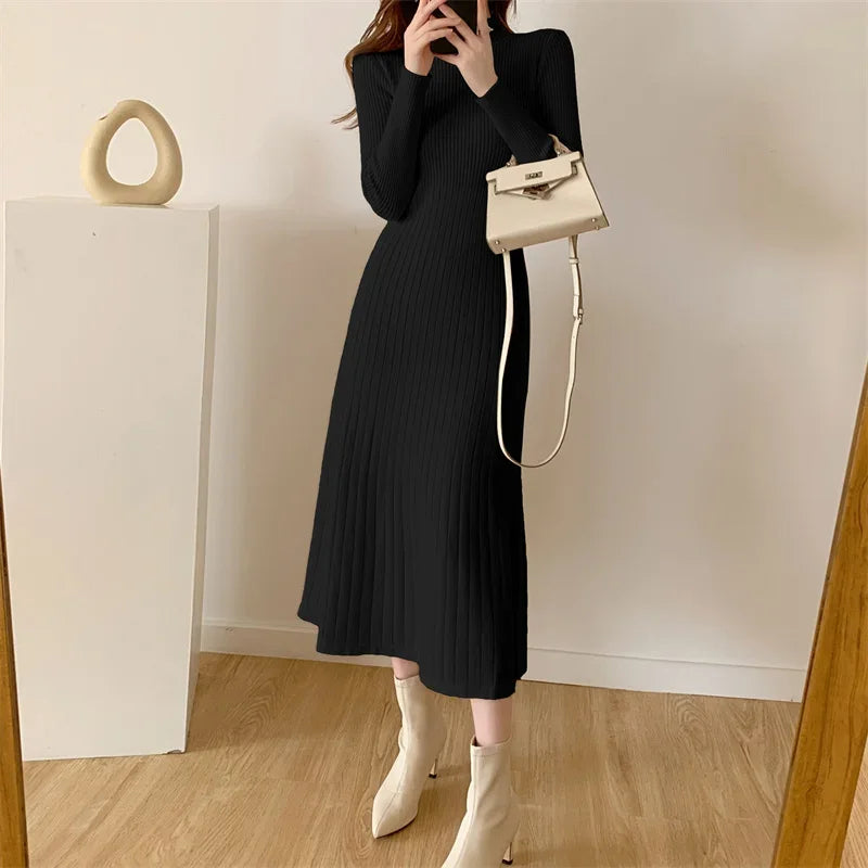 Autumn Winter 2024 Slim Long Sleeve Party Midi Dress for Women Knitted Half High Collar Elegant Knitted Sweater Dresses Ladies - Seprincess