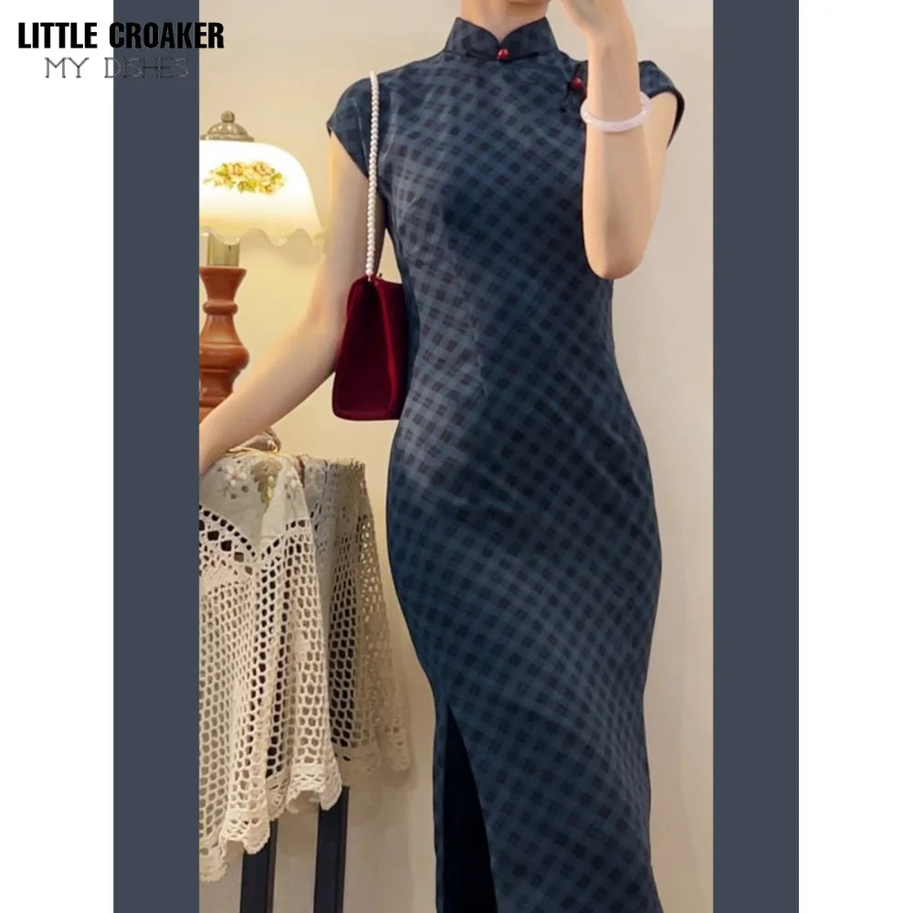 Qipao Mujer Vestido 2023 New Chinese Waist Slim China Style Dress Elegant Navy Blue Improved Cheongsam Dress for Women - Seprincess