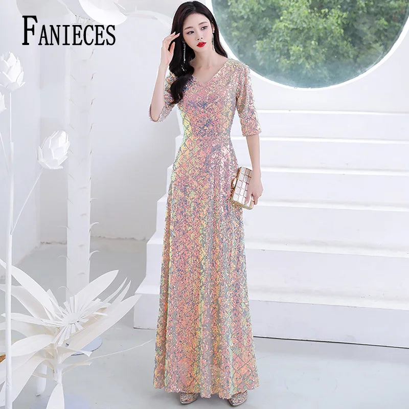 FANIECES Luxury Sequins Party Evening Floor-length Dresses Women Three-Quarter Sleeve V Neck Prom Gown Robe Longue Femme Vestido - Seprincess