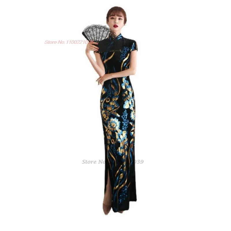 2024 chinese vintage dress improved cheongsam flower embroidery velvet dress oriental evening qipao banquet party dress vestido - Seprincess