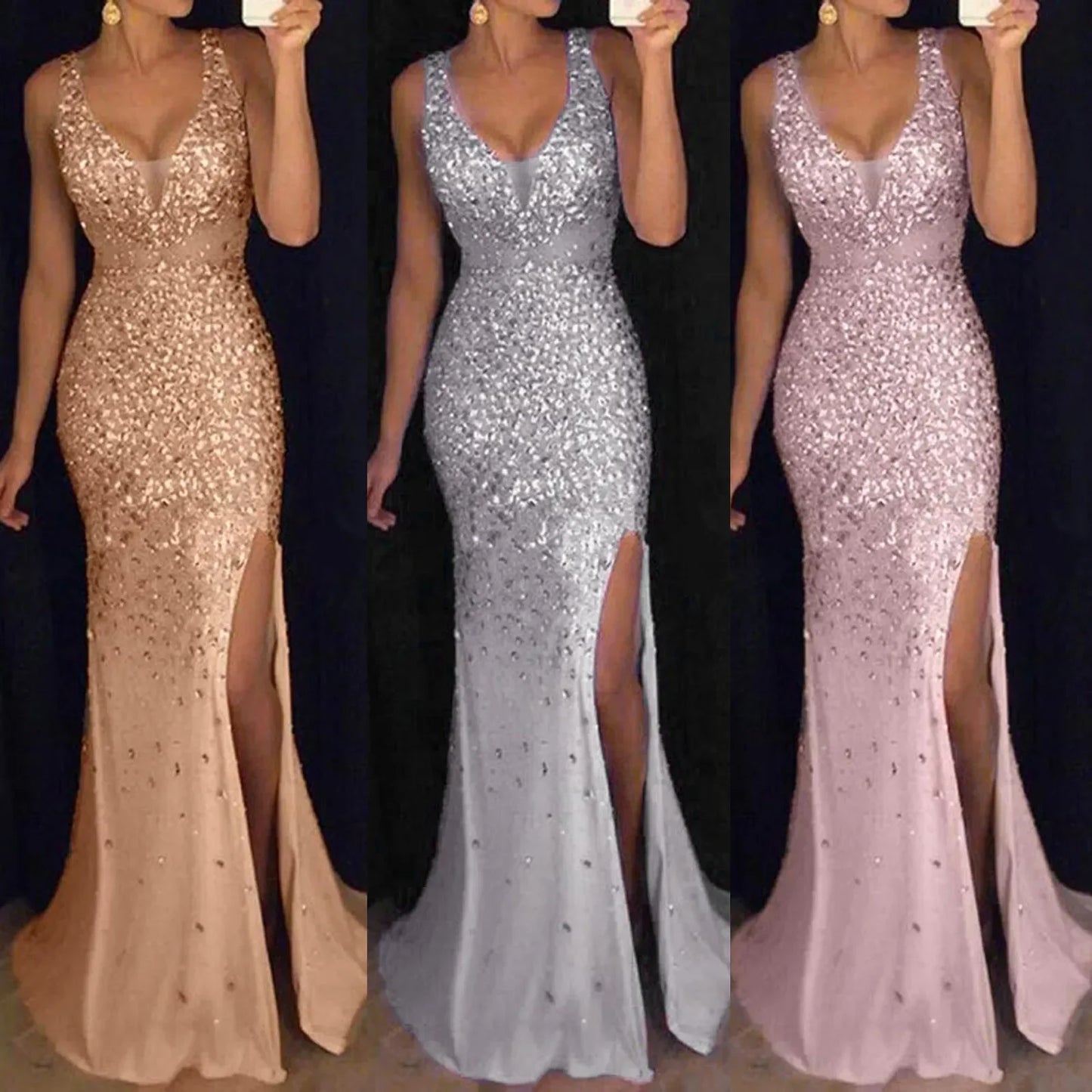 Women Sexy Mesh Sequins Party Long Dress 2023 Elegant Backless Bocycon High Slit Dress Summer Fashion Sexy Evening Prom Dress - Seprincess