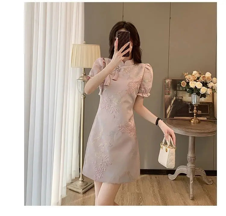 Chinese Style Elegant Cheongsams Dress Summer Women Vintage Floral Embroidery Qipao Mini Dress Lady Chic Tassels Slim Vestidos - Seprincess