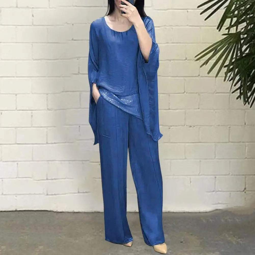 Double-layer Top Suit Stylish Women's Casual Suit with Wide Leg Pants Batwing Sleeve Top for Home Office Party Outfits Stylish - Seprincess