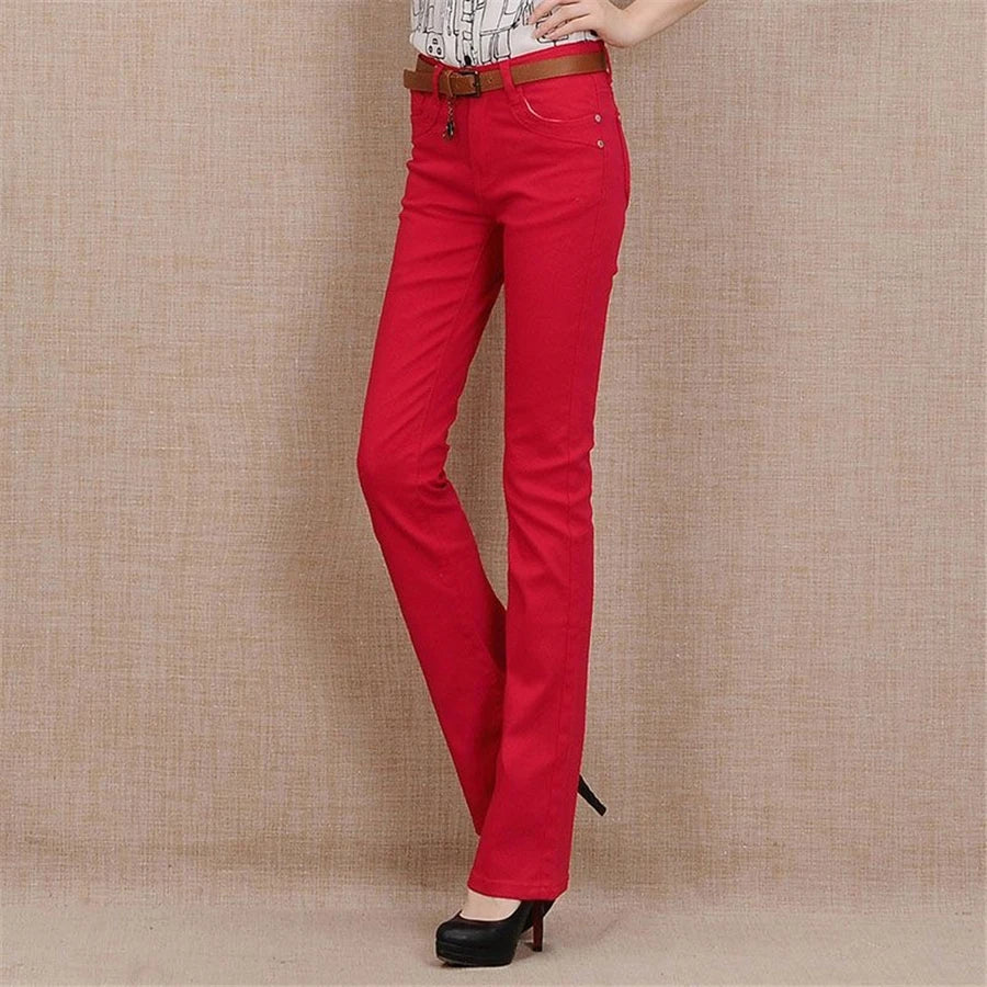 Women's White 80% Cotton Flare Denim Pants Mom's Fomal Skinny Stretch Jeans Trend Candy Color Slim Cowboy Trousers OL Pantalones