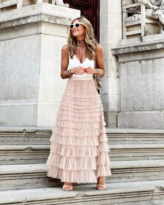 2024 New Casual Womens Solid Ball Gown Long Skirt Tulle High Waist Pleated Elegant Ladies Wild Mesh Dating Maxi Skirts Drop - Seprincess