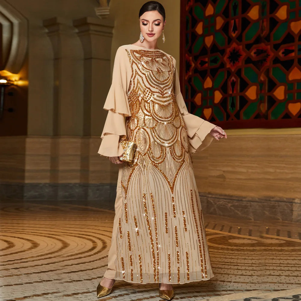 Eid Muslim Sequins Dress for Women Abaya Ramadan 3 Layers Butterfly Sleeve Long Abayas Woman Robe Moroccan Caftan Vestidos - Seprincess