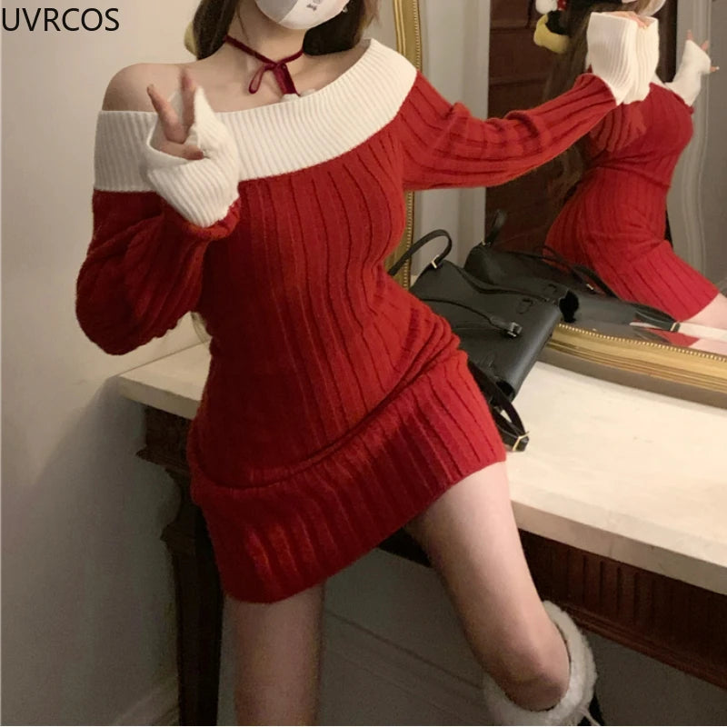 Sexy Red Christmas Dress Women Autumn Winter Korean Style Slash Neck Bodycon Knitted Dresses Female Elegant Y2k Party Mini Dress - Seprincess