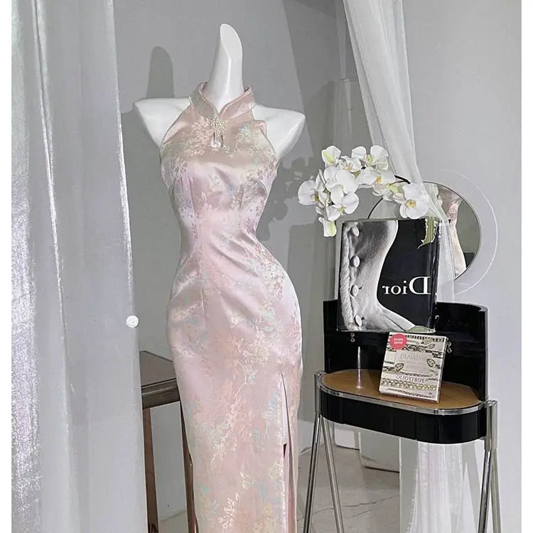 Retro Cheongsam Slit Sexy Chinese Style Pink Qipao Dress Female Elegant Daily Dresses Costume - Seprincess