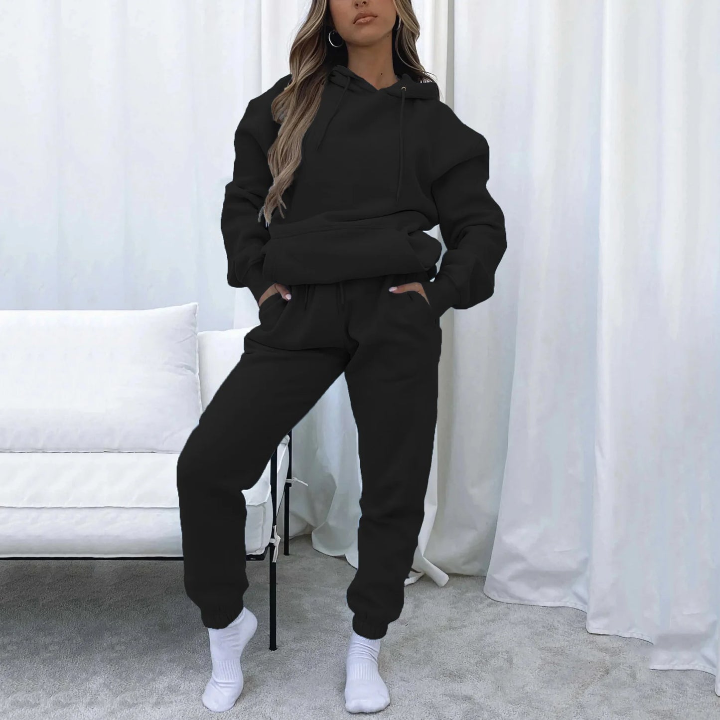 Women Two Piece Sets Tracksuit outfit Hooded Sweatshirts Pocket Drawstring Long Pants Suit Thick Casual Office Lady Autumn