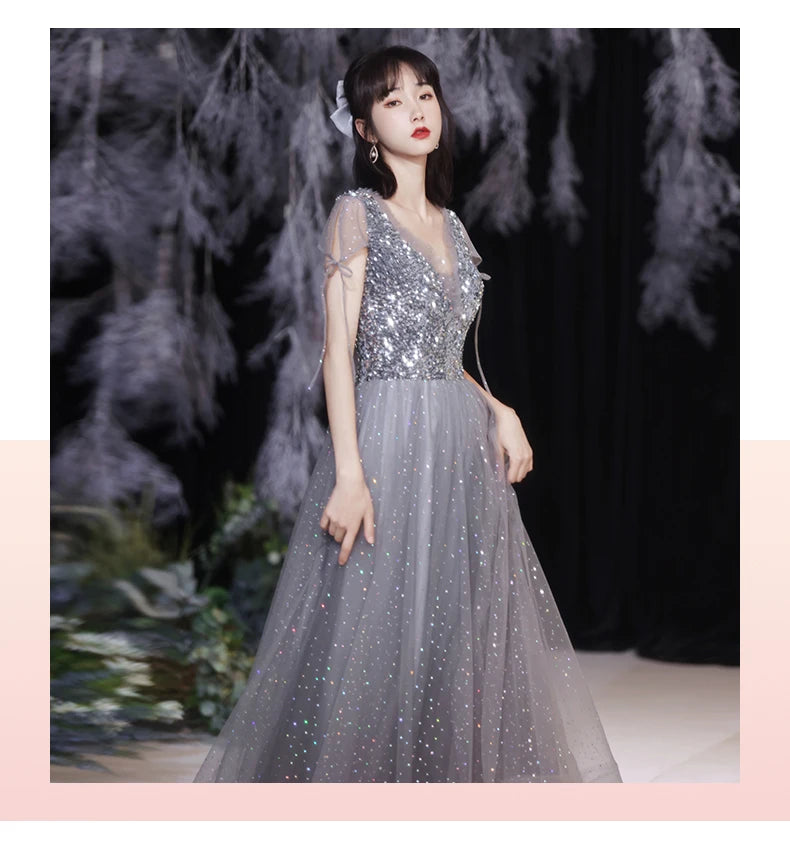 Grey Bridesmaid Evening Dress Women Off Shoulder Sequins Wedding Party Vestidos Fairy Temperament Sisters Group Gown Summer - Seprincess