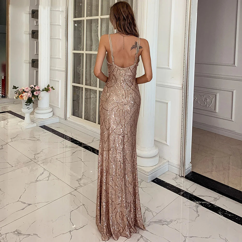 Deep V Neck Backless Stretch Sequin Mermaid Maxi Dress Split Sleeveless Open Back Evening Night Party Dress - Seprincess