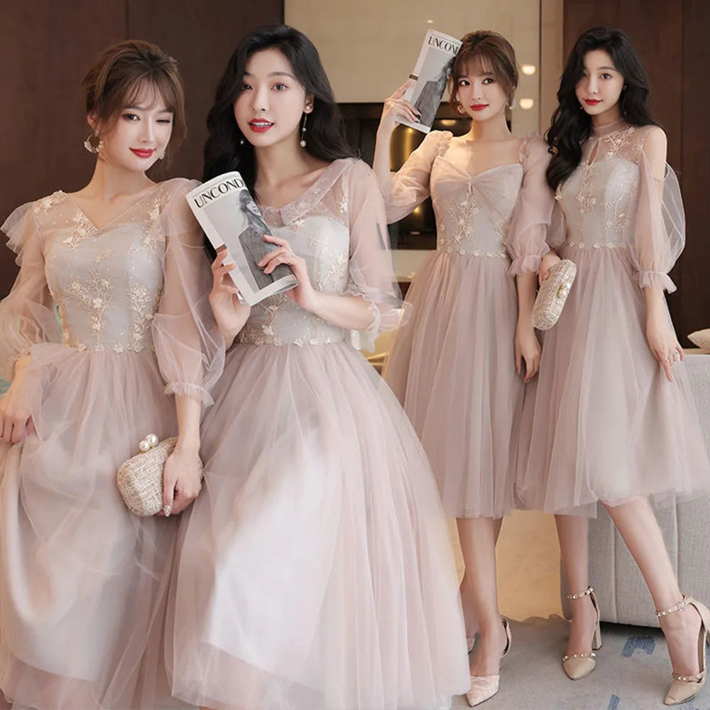 4 Styles Elegant Simple Bridesmaid Dress Women's Tulle Half Sleeves Slim Fit Design A-Line Dress Applique Wedding Party Vestido - Seprincess