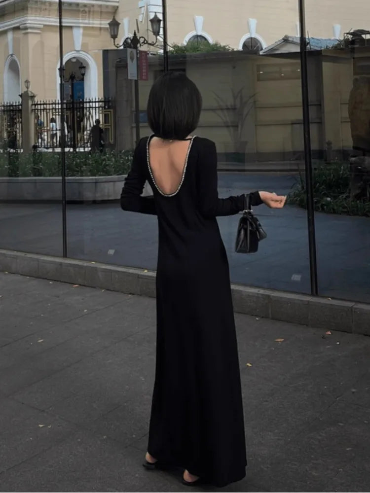 Black Design Backless Dress For Women's Autumn And Winter New Style, High-End Nail Bead Chic Elegant Dress - Seprincess