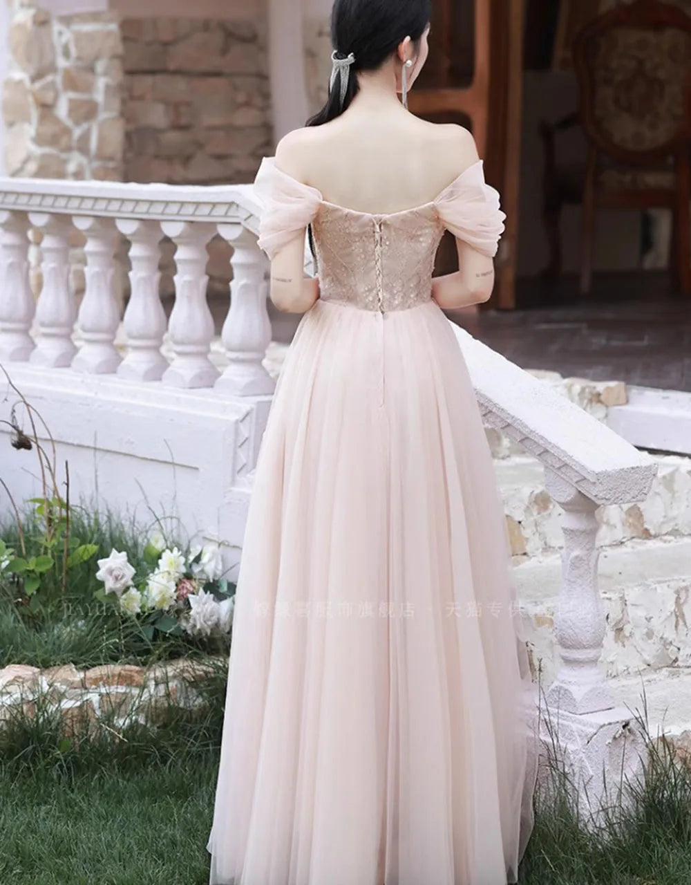 4 Styles Pink Bridesmaid Dress Women's Elegant Thin Tulle Off The Shoulder Flower Appliques A-line Wedding Party Guest Vestido