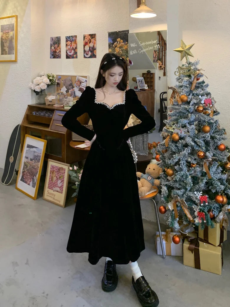 Vintage Evening Party Velvet Dresses for Woman Elegant Fashion Wedding Birthday Prom Long Sleeves Female Clothing Black Robe - Seprincess