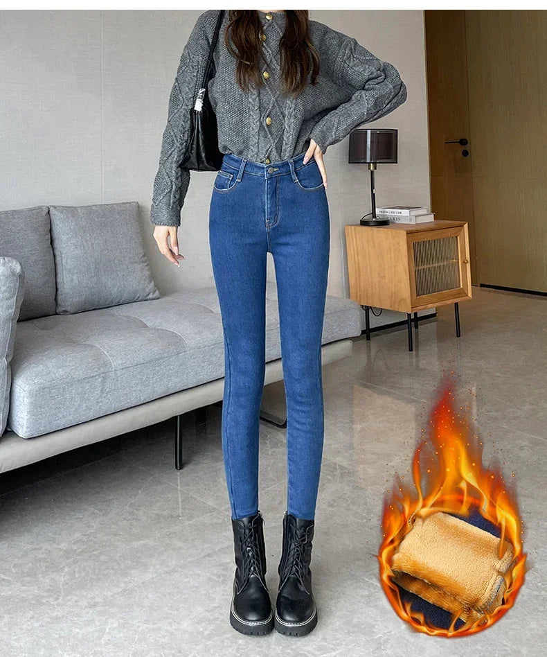 Skinny Women's Warm Jeans Winter Thicken Fleece Stretch High Waist Pencil Pants Fashion Korean Black Blue Gray Velvet