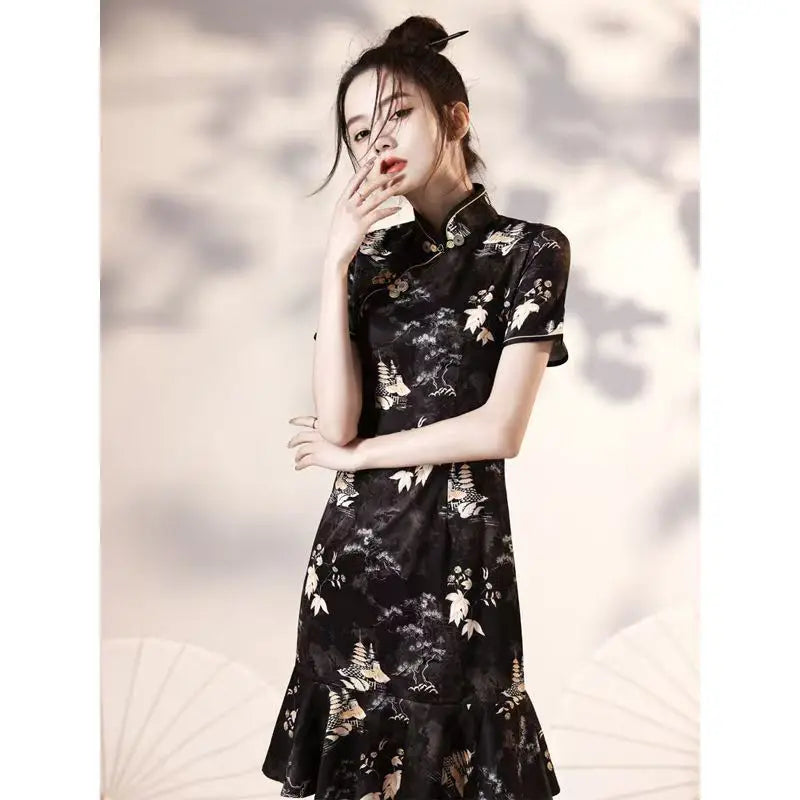 Black Evening Gown Wedding Modern Chinese Cheongsam Dress Stretch Plus Size Chipao 2XL Sexy Traditional Vintage Qipao - Seprincess