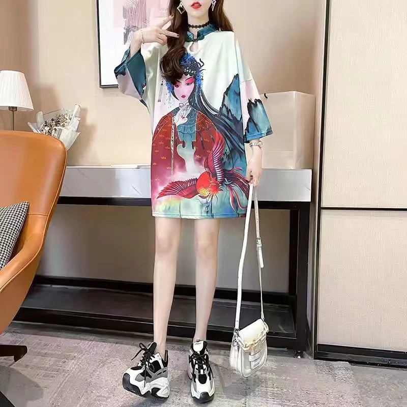 Chinese Fashion Print Dress Women Summer Long Sleeve National Style Cheongsam 2022 Modern Improve Vintage Elegant Loose Qipao - Seprincess