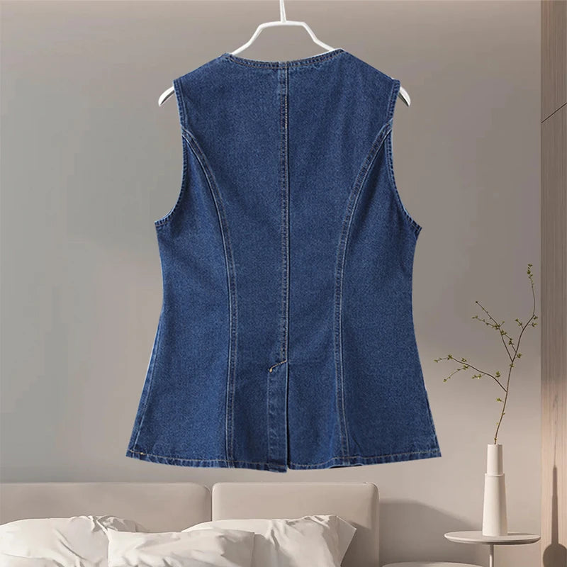 Casual Denim Shorts Sets for Women Sleeveless Single Breasted Split Top Vest High Waist Wide Leg Shorts Suit Female Lady Set - Seprincess