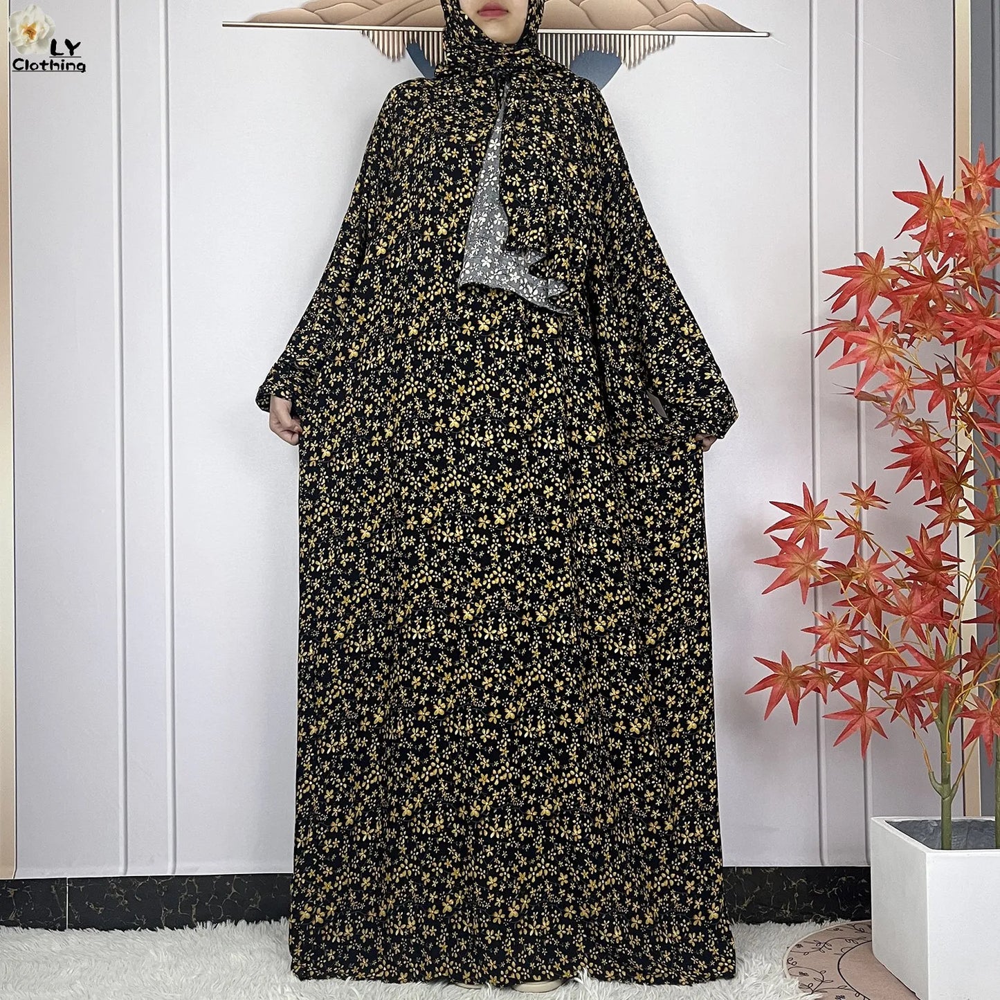 2024Latest Muslim Abayas For Women Ramadan Prayer Maxi Dubai Turkey Femme Cotton Robe Floral Loose African Dress Turban Attached - Seprincess