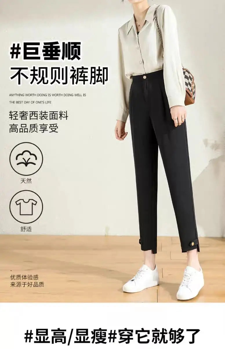 New Black Suit Pants For Women 2023 Spring/summer Straight Barrel Irregular High Waist Casual Cropped Wide Leg Pants