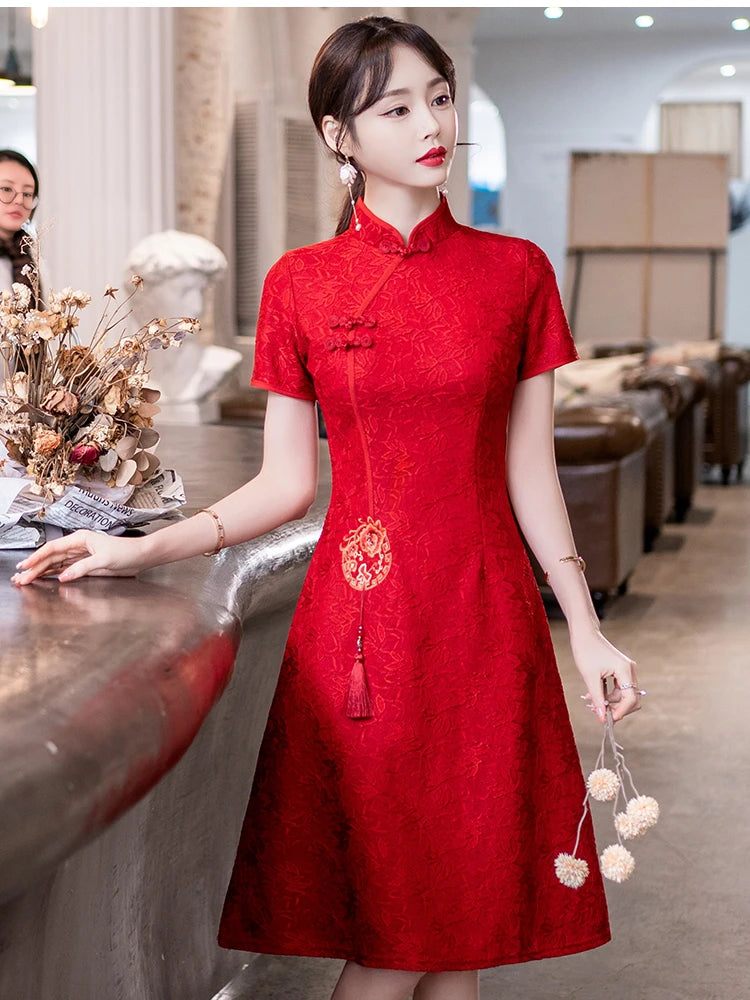 Chinese Traditional Retro Red Modern Improved Cheongsam Summer New Short Sleeve Engagement Qipao Dress - Seprincess