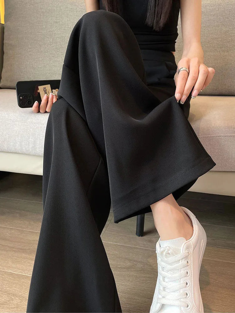 Women Formal Loose Thicken Straight Suit Pants Winter Warm Elastic High Waist Velvet Lined Wide Leg Pantalones Chic Solid Calca