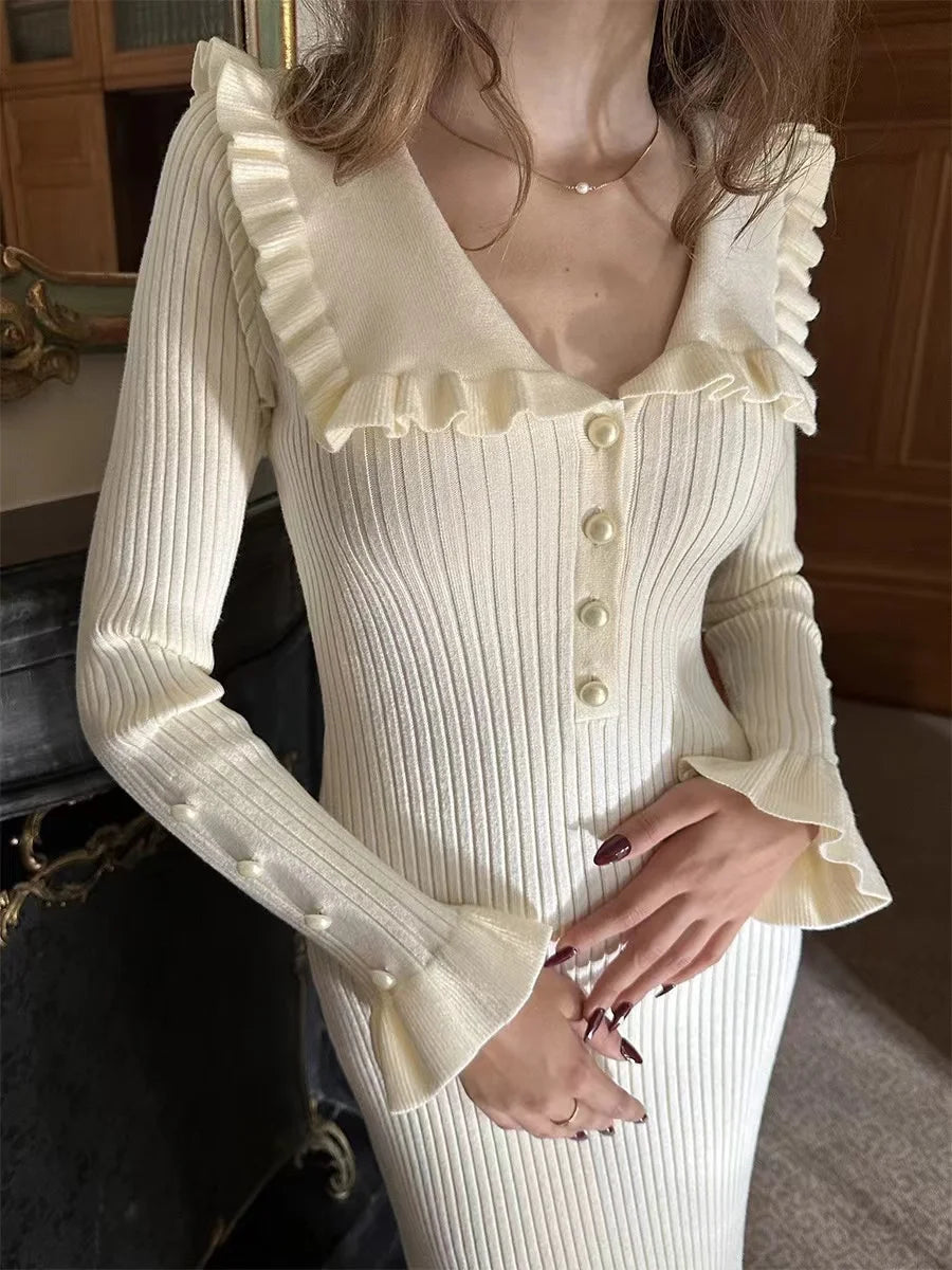 2024 High Waist Ruffled Maxi Dresses For Women Autumn Winter Knitted Slim Long Dress Women's Vintage Dress Woman Retro Elegant - Seprincess