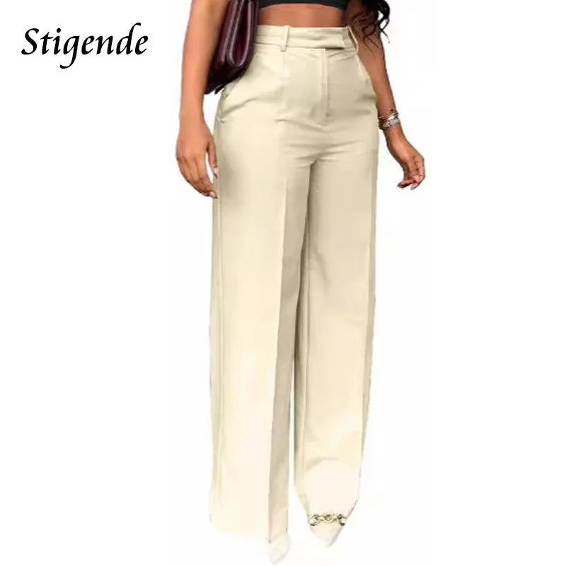 Stigende Wide Leg Straight Dress Pants with Pocket Women Plain Color Business Casual Pants Loose Fit Midi Waist Office Trousers