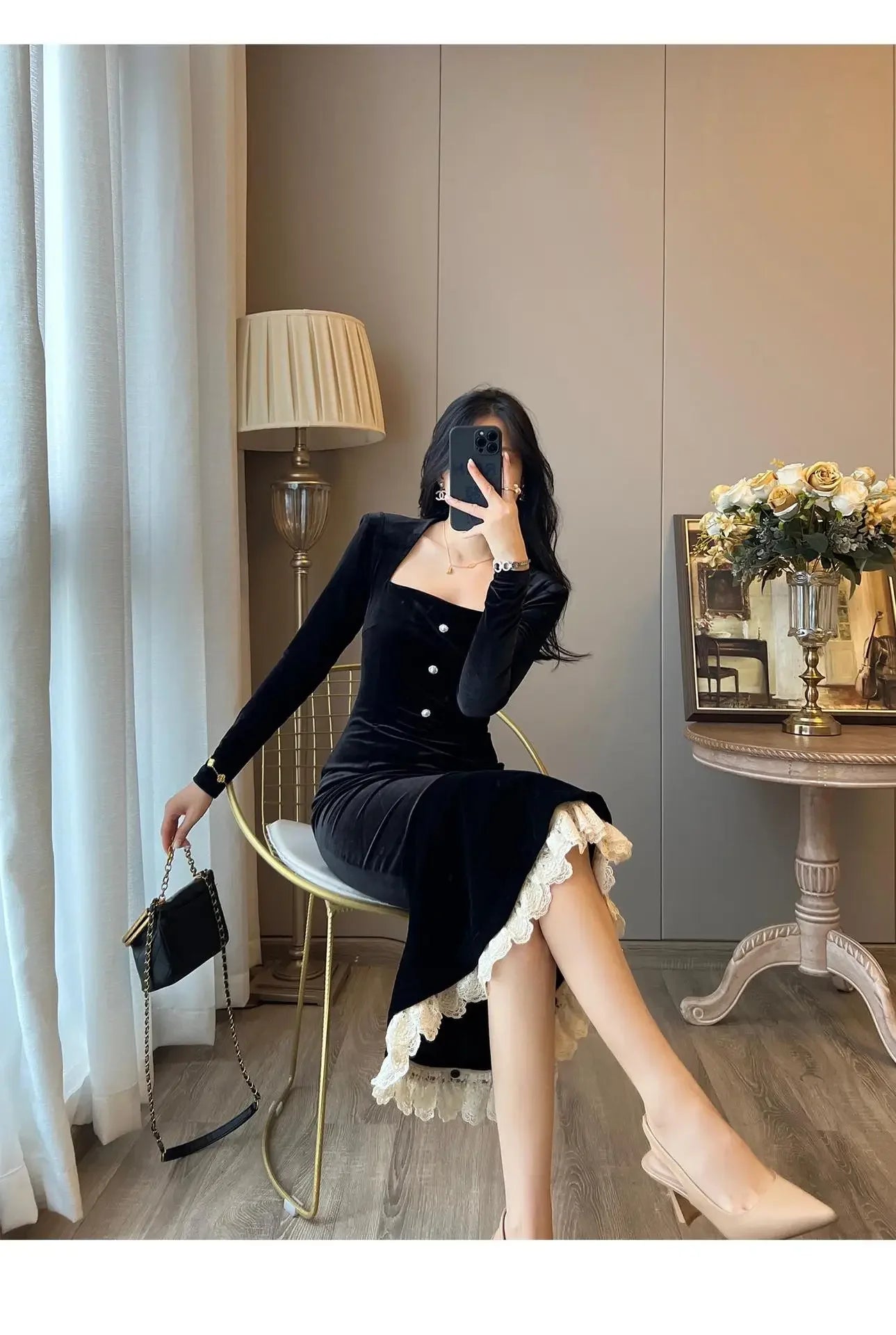 Elegant French Haban Style Fish Tail Skirt Spring Autumn Soft High Class Square Collar Long Sleeve Black Velvet Long Dress - Seprincess