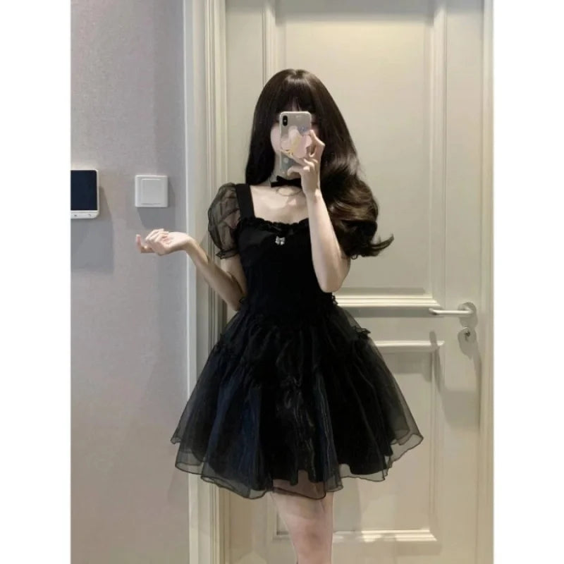 2023 Summer New Black Yarn Dress Fluffy Small Short Square Neck Spicy Girl Sweet Style Small Puff Sleeve Sexy Lovely Short FO30 - Seprincess