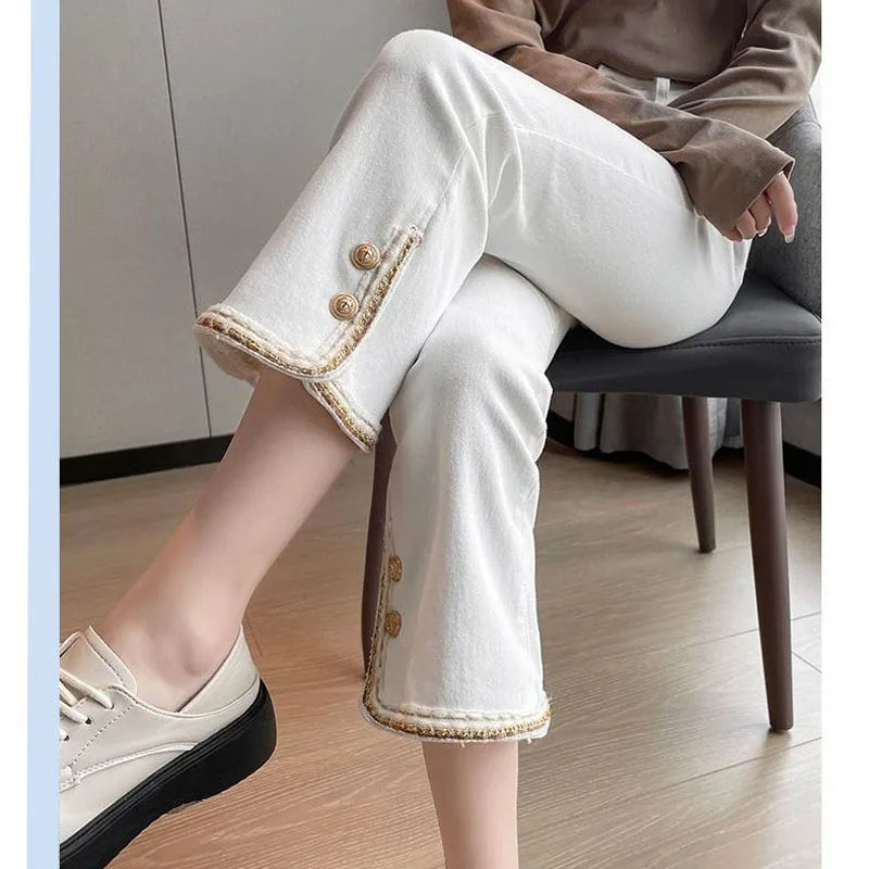 Winter Fashion Luxury Women's Clothing Slim Pants Elastic Force Solid Color Panelled Button Slit Straight Tube Cropped Trousers