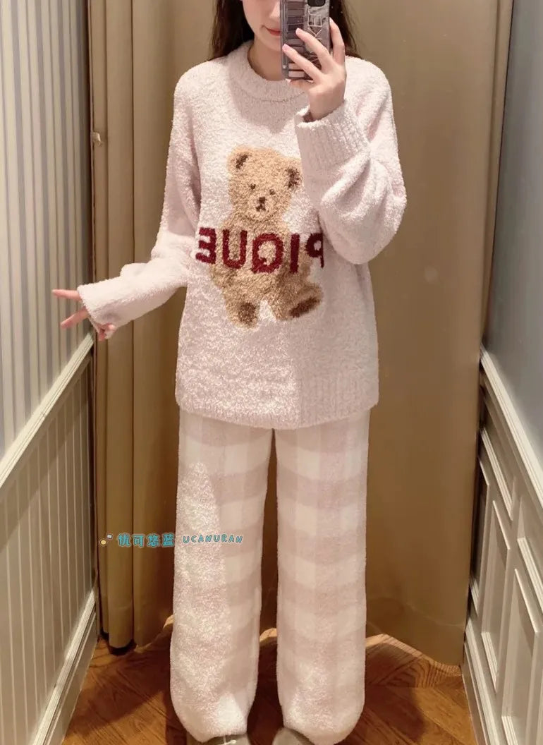 Japan Style Original New Year Teddy Bear Plaid Winter Thick Pajamas Knitted Sweaters Gown Wine Sleepwear Loungewear - Seprincess