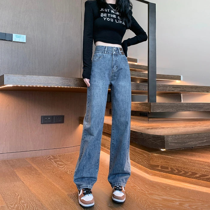 Straight Double Button Denim Jeans Women's New Style Loose Small Narrow Version Classic High Quality Brand Denim Pants