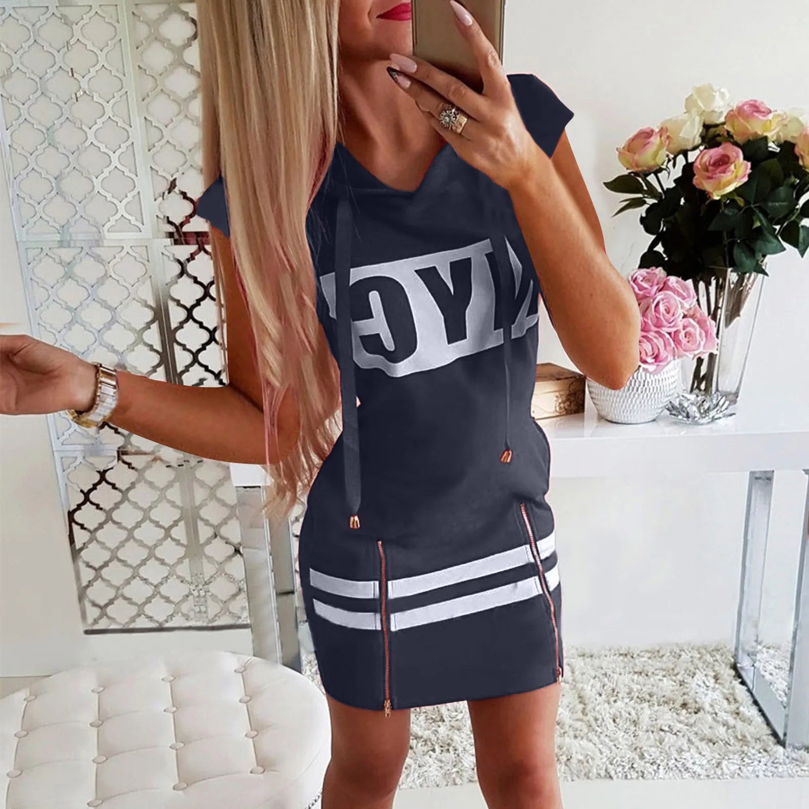 2022 Hooded Women Summer Dress Short Sleeve Letter Print Zipper Bandage Hoodies Lady Casual Sport Bodycon Vestidos Mini Dresses - Seprincess