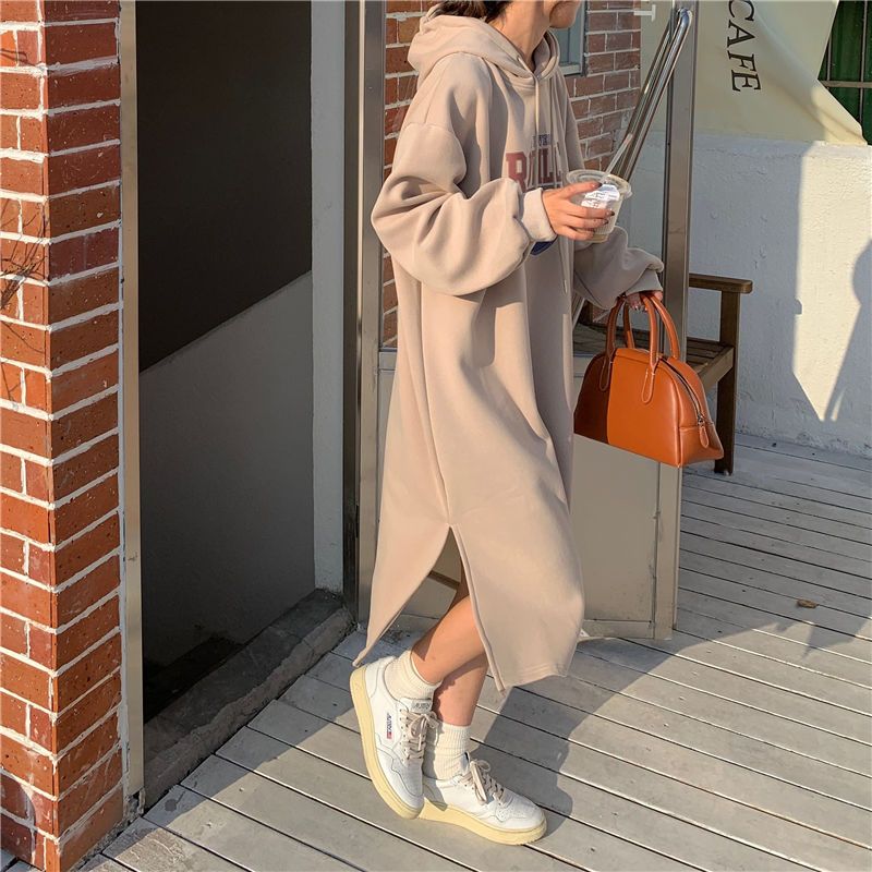 Autumn Winter Women Fleece Thicken Hooded Dress Print Letter Drawstring Korean Fashion Loose Midi Side Slit Oversized Dresses - Seprincess