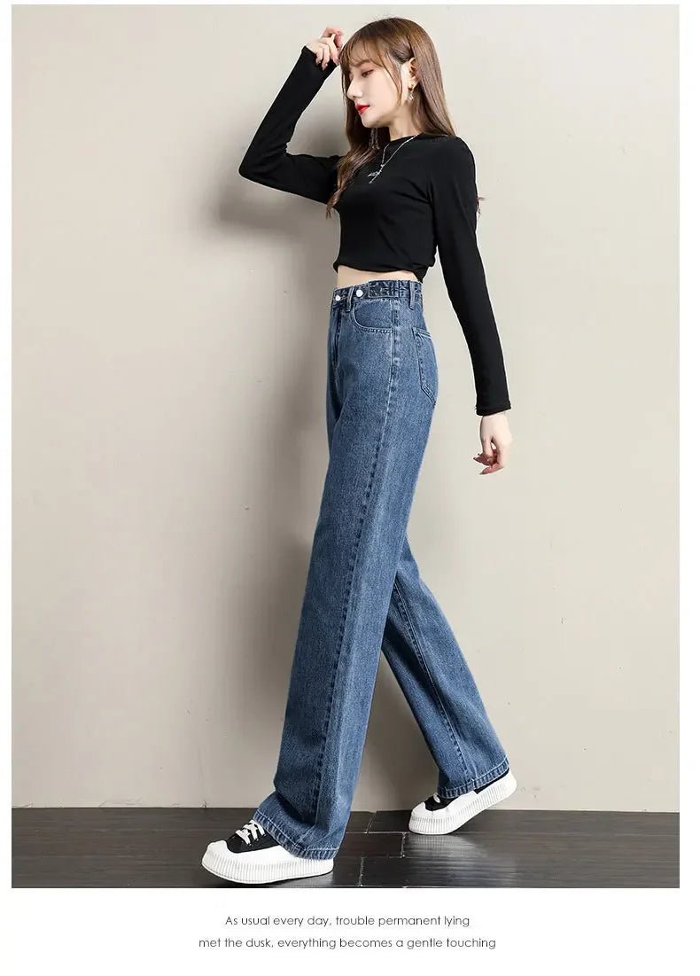 Loose Women Jeans High Waist Design Adjustable Straight Crotch Retro Style Trousers Cotton Fabric Comfortable Casual Style