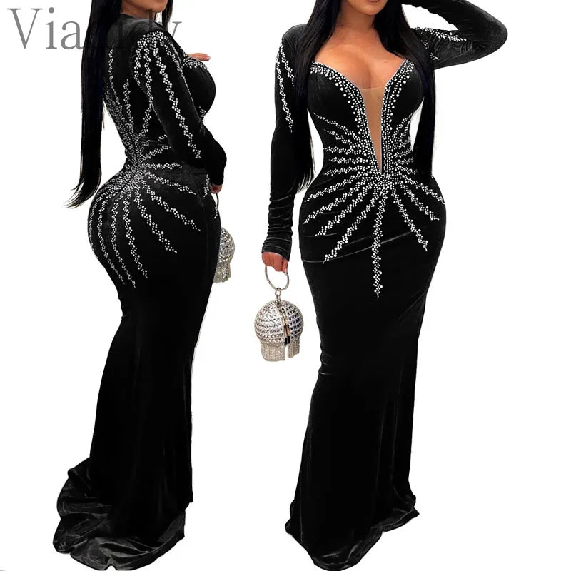 Women Sexy Velvet Mesh Rhinestone V-Neck Floor-Length Evening Party Dress Long Sleeve Back Zipper Mermaid Dresses - Seprincess