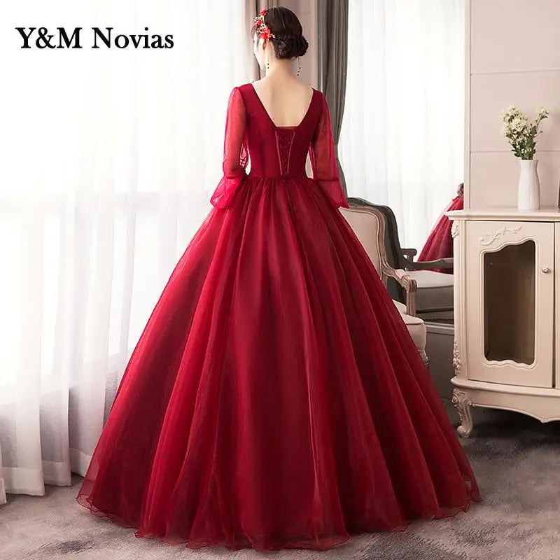 Y&M Novias New V Neck Long Sleeve Quinceanera 15 Years Vestidos De 15 Anos Mint Wine Red Turquoise Quinceanera Gowns Party Dress - Seprincess