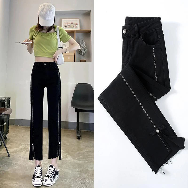 Pearl with Decorations Trousers Blue Cropped Straight Leg Women's Jeans Black and Capris High Waist Shot Short Japanese Y2k A R