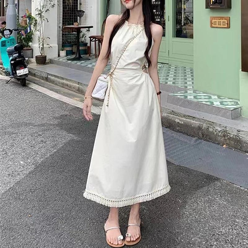 Fashion and Casual Summer Halter Hollow Sleeveless Tassel Solid Color Simple and Generous Hem Holiday Beach Women's Long Dress - Seprincess