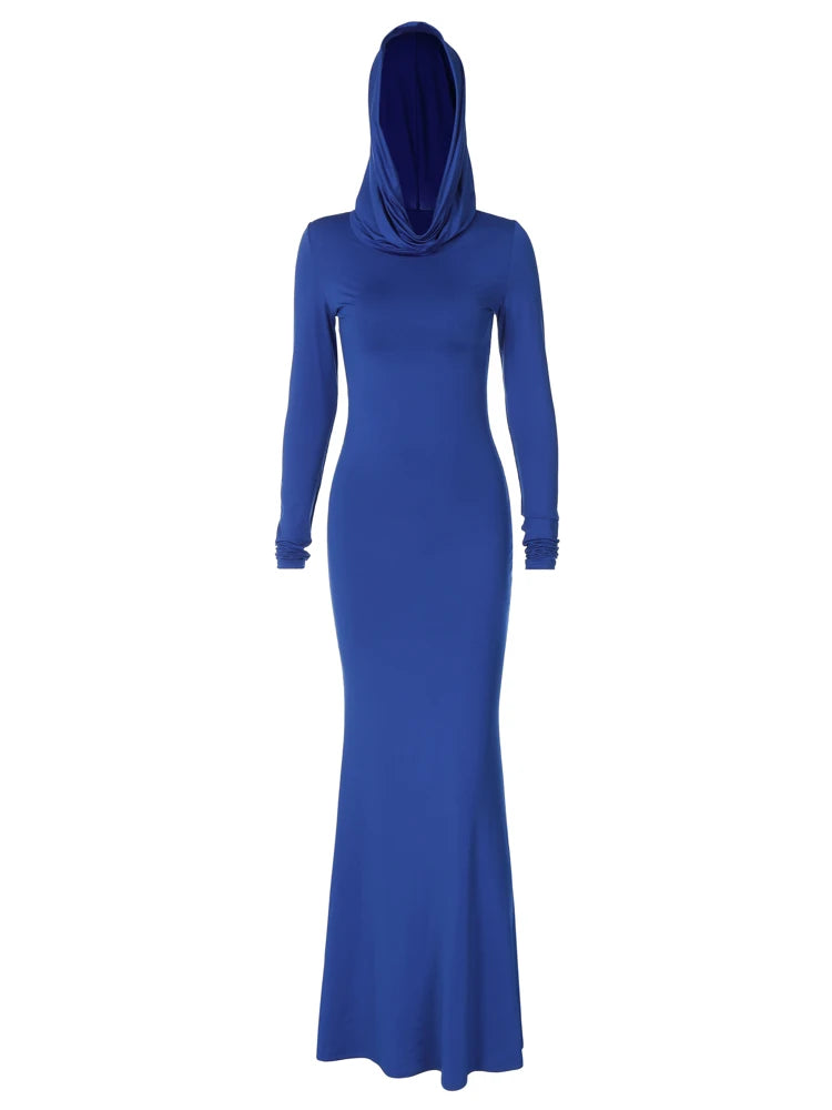 Dulzura Solid Pure Color Hooded Long Sleeves Maxi Dress Wholesale Birthday Party Clubwear 2023 Summer Autumn For Women Bodycon - Seprincess