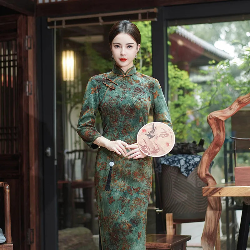 New 5 Color Women Cheongsam Improved Winter Plus Size Dress Chinese Traditional Evening Dresses Long Qipao Costume - Seprincess