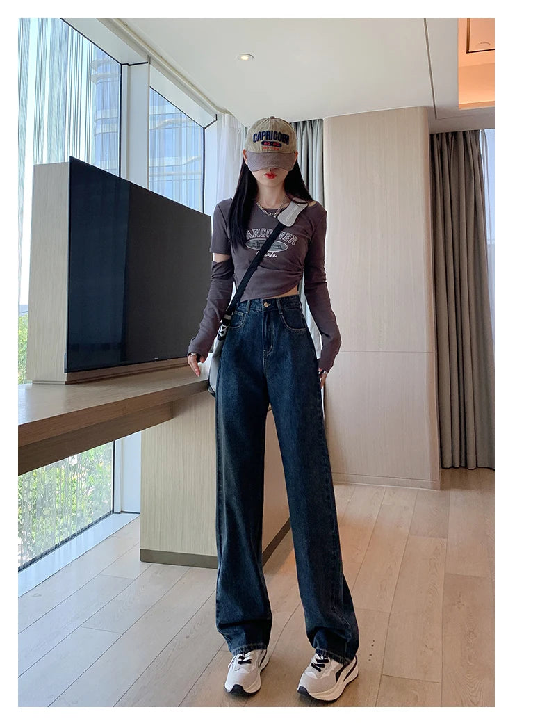 Jielur Dark Blue Straight Basic Female Jeans High Waist Slim Loose Solid Color Simple Women's Wide Leg Pants Chic Office Ladies