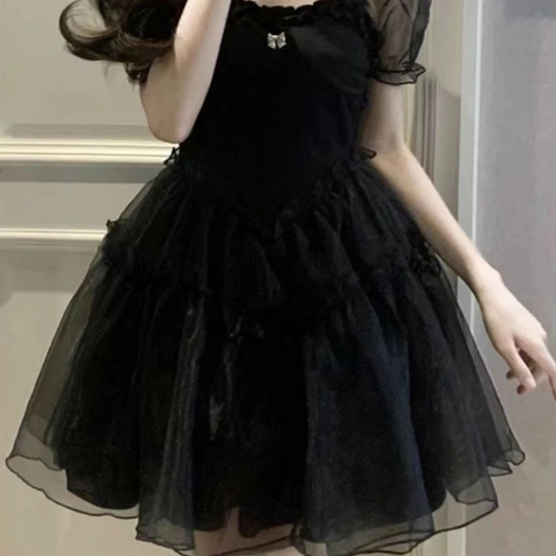 Black Mini Dress Women Bodycone High Waisted Puff Sleeve Sexy Summer Kawaii Girlish Lolita Vintage A-line Vestidos Temper French - Seprincess