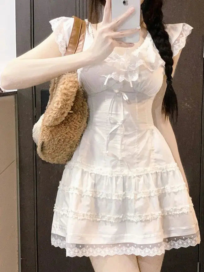 QWEEK Y2k Coquette White Lolita Sweet White Kwaii Cute Mini Dress Women Lace Bow Princess Slip Lace Short Dresses 2024 Fashion - Seprincess