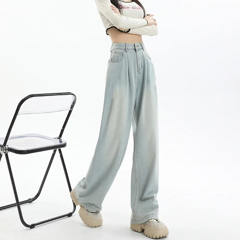 2024 Woman High Waist Vintage Baggy Jeans Lady Streetwear Wide Leg Pants Female Fashion Gray Blue Grey Light Blue Denim Trousers