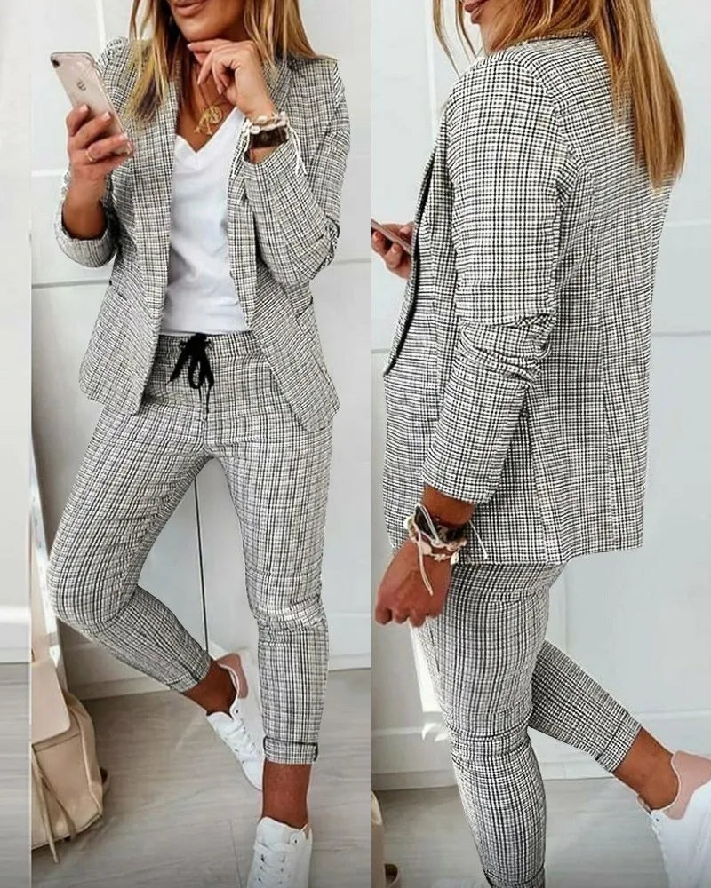 New Autumn Winter Plaid Printing Two Piece Sets Women Casual Notched Collar Blazer & Pants Set Outfits Fashion Elegant Suit Sets - Seprincess