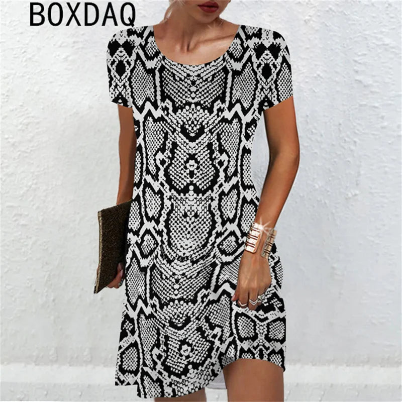 3D Sexy Snake Print Mini Dress Big Size Women Sexy Short Sleeve O-Neck Loose Dress Summer Beach Party Dress Sundress Vestidos - Seprincess