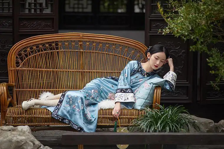 Spring Autumn Chinese traditional hanfu women elegant qipao dress vintage festival flower printing dress cheongsam qipao dress